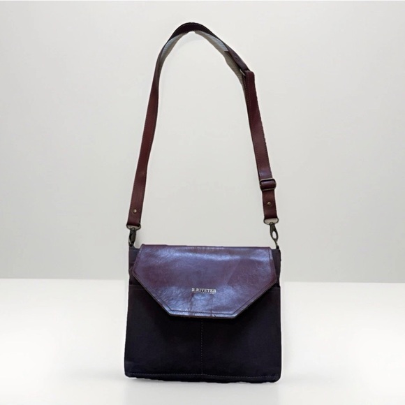 R. Riveter Handbags - R RIVETER Bag Brown Leather Black Canvas Flap Crossbody Purse Handmade In USA